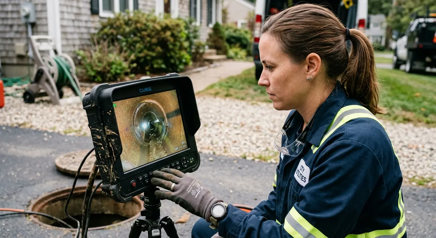 Technician reviewing sewer camera inspection footage in Lucas
