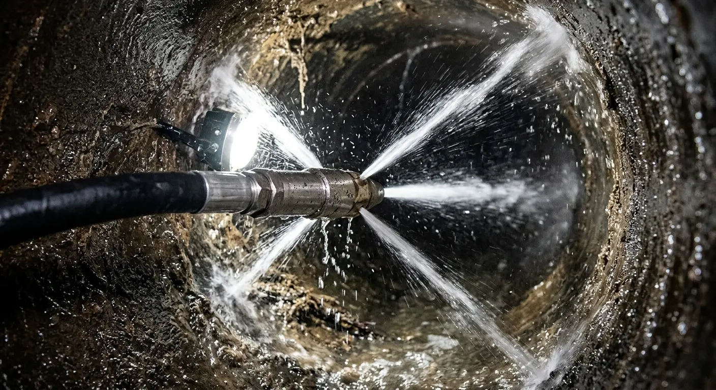 High-pressure hydro jetting nozzle cleaning sewer pipe for Sewer Cleanout in Lucas