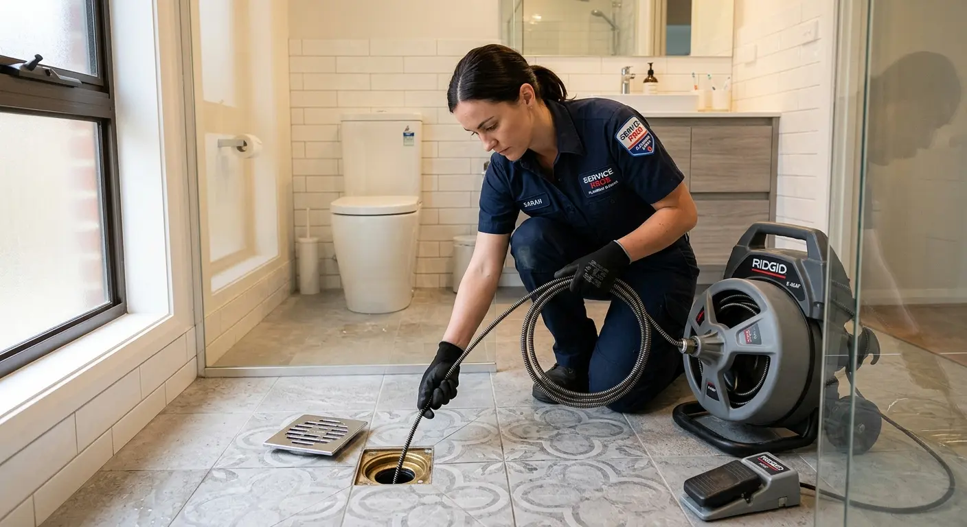 Technician clearing a bathroom floor drain for Drain Repair in Lucas